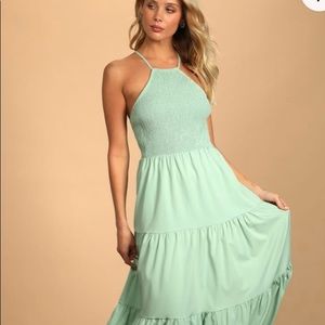 Pier and Now Sage Green Smocked Tie-Back Midi Dress